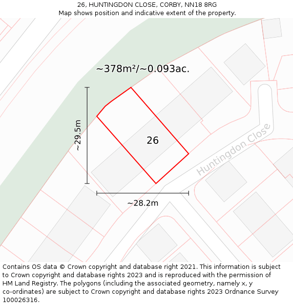 26, HUNTINGDON CLOSE, CORBY, NN18 8RG: Plot and title map