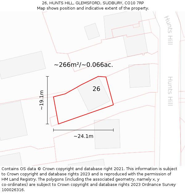 26, HUNTS HILL, GLEMSFORD, SUDBURY, CO10 7RP: Plot and title map