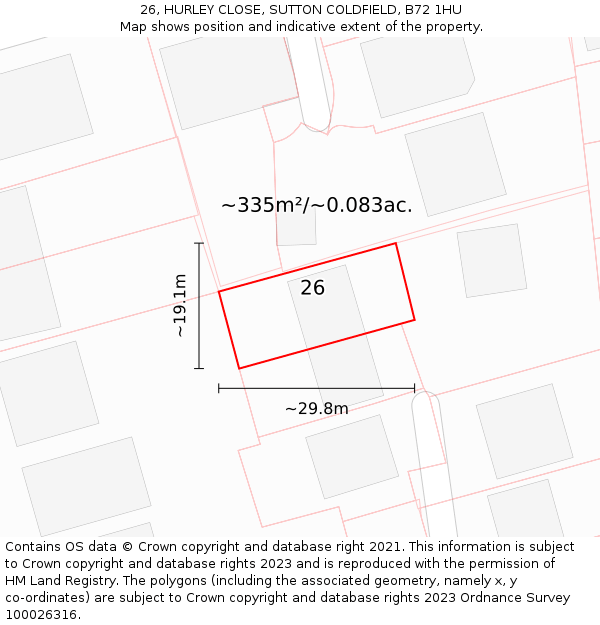 26, HURLEY CLOSE, SUTTON COLDFIELD, B72 1HU: Plot and title map