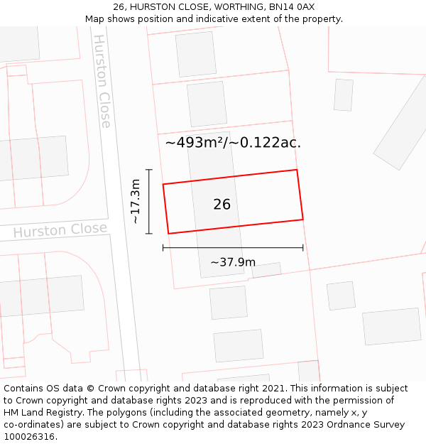 26, HURSTON CLOSE, WORTHING, BN14 0AX: Plot and title map