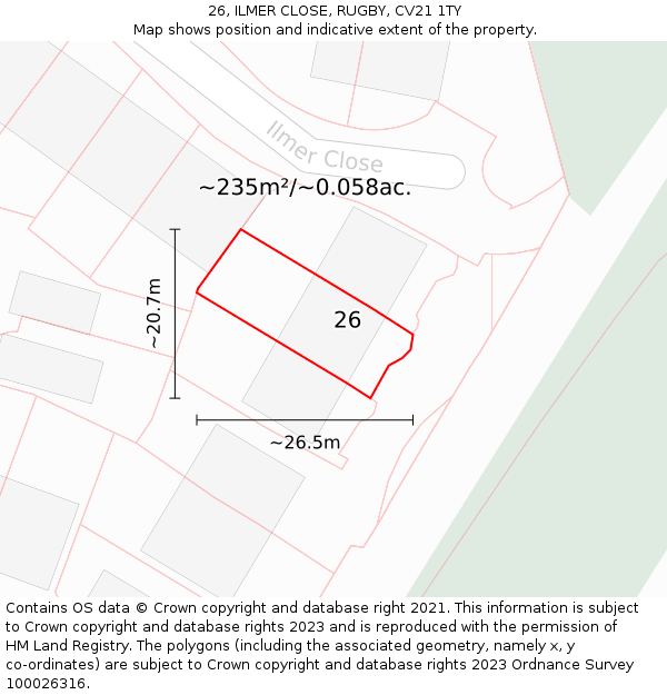 26, ILMER CLOSE, RUGBY, CV21 1TY: Plot and title map
