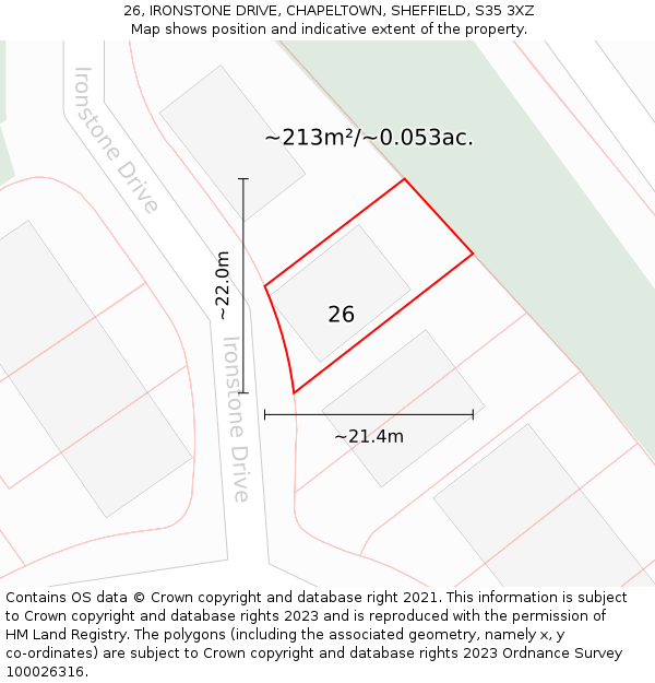 26, IRONSTONE DRIVE, CHAPELTOWN, SHEFFIELD, S35 3XZ: Plot and title map