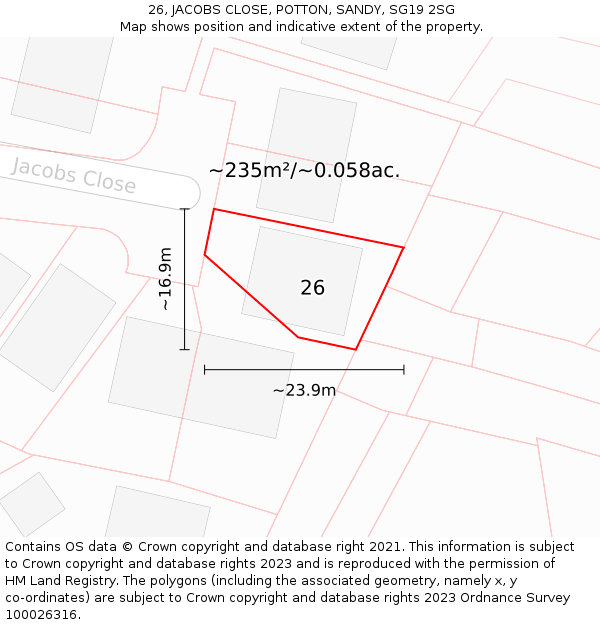 26, JACOBS CLOSE, POTTON, SANDY, SG19 2SG: Plot and title map