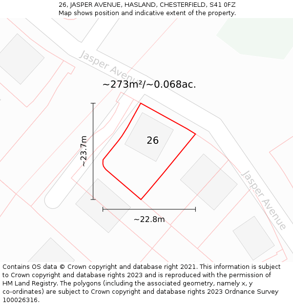 26, JASPER AVENUE, HASLAND, CHESTERFIELD, S41 0FZ: Plot and title map