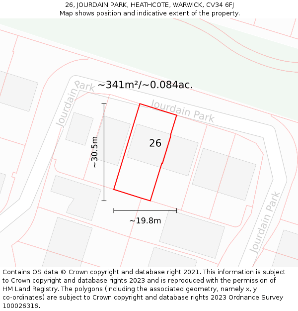 26, JOURDAIN PARK, HEATHCOTE, WARWICK, CV34 6FJ: Plot and title map