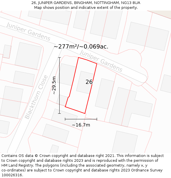 26, JUNIPER GARDENS, BINGHAM, NOTTINGHAM, NG13 8UA: Plot and title map