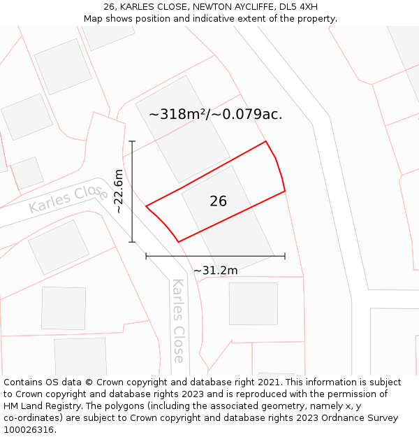 26, KARLES CLOSE, NEWTON AYCLIFFE, DL5 4XH: Plot and title map