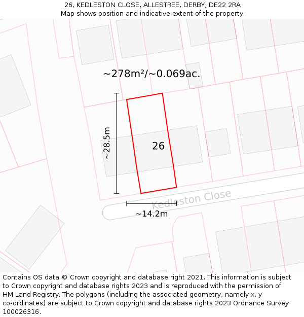 26, KEDLESTON CLOSE, ALLESTREE, DERBY, DE22 2RA: Plot and title map