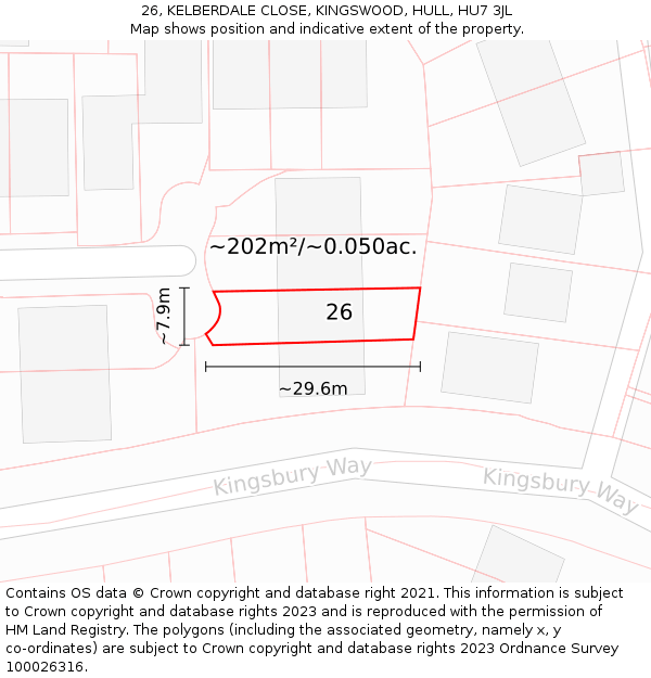 26, KELBERDALE CLOSE, KINGSWOOD, HULL, HU7 3JL: Plot and title map