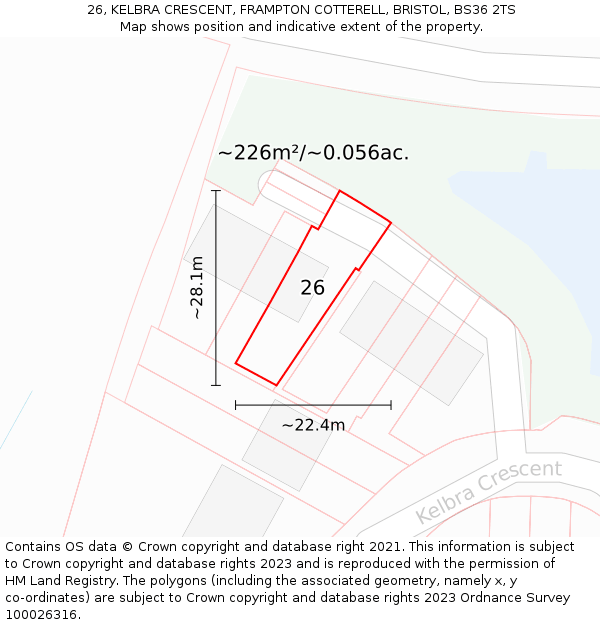 26, KELBRA CRESCENT, FRAMPTON COTTERELL, BRISTOL, BS36 2TS: Plot and title map