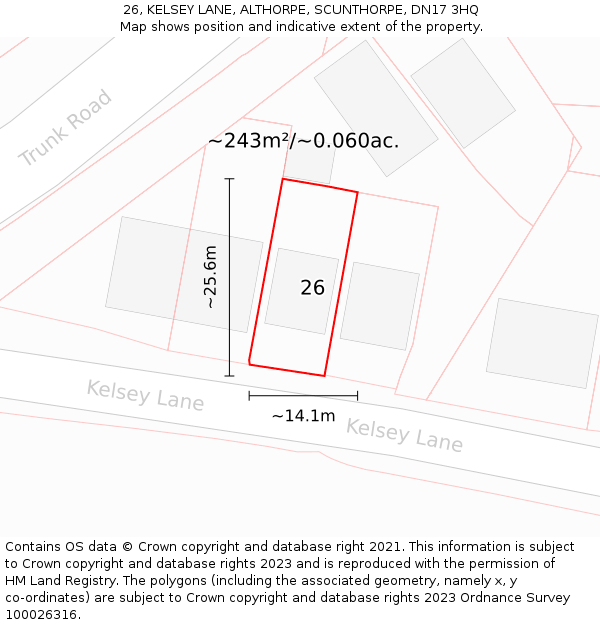 26, KELSEY LANE, ALTHORPE, SCUNTHORPE, DN17 3HQ: Plot and title map