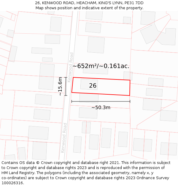 26, KENWOOD ROAD, HEACHAM, KING'S LYNN, PE31 7DD: Plot and title map
