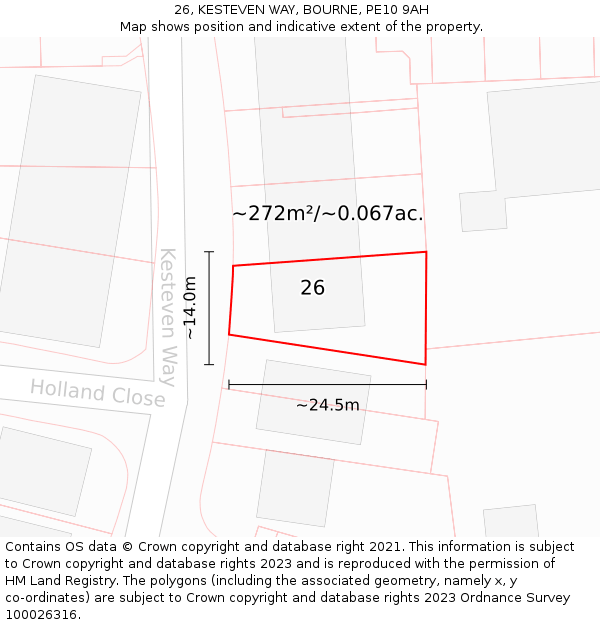 26, KESTEVEN WAY, BOURNE, PE10 9AH: Plot and title map