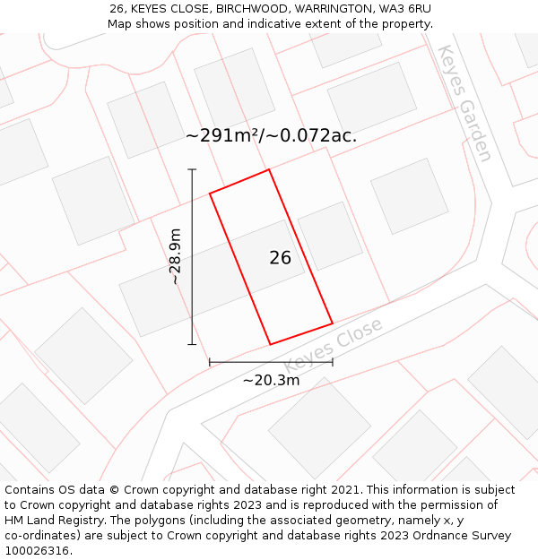 26, KEYES CLOSE, BIRCHWOOD, WARRINGTON, WA3 6RU: Plot and title map