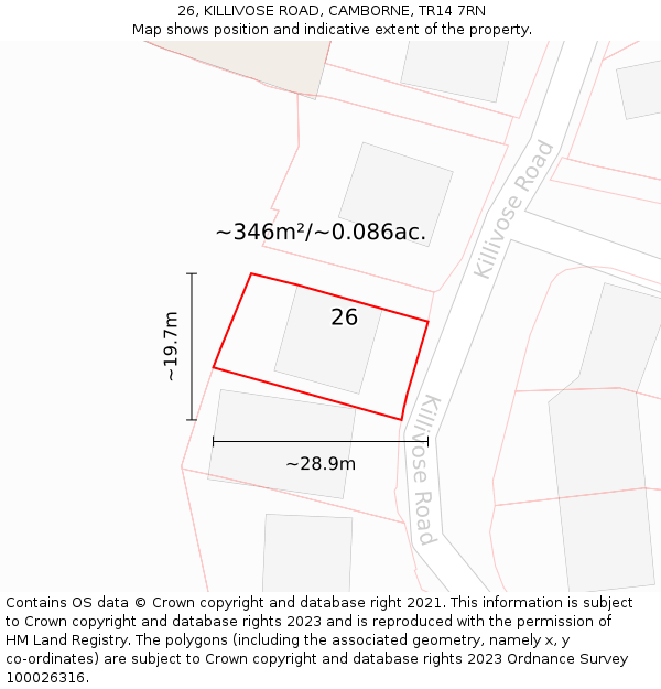 26, KILLIVOSE ROAD, CAMBORNE, TR14 7RN: Plot and title map