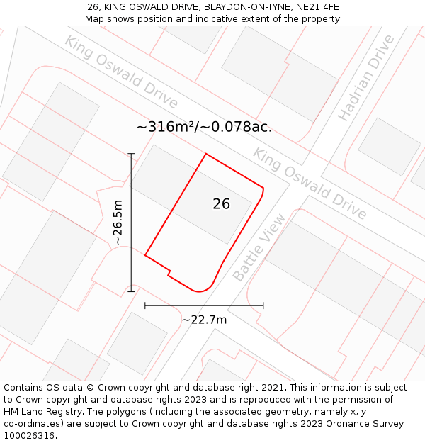 26, KING OSWALD DRIVE, BLAYDON-ON-TYNE, NE21 4FE: Plot and title map