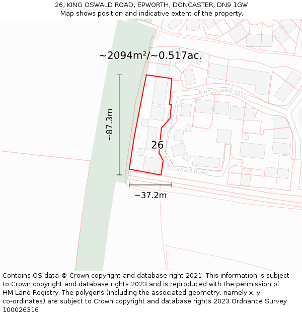 26, KING OSWALD ROAD, EPWORTH, DONCASTER, DN9 1GW: Plot and title map