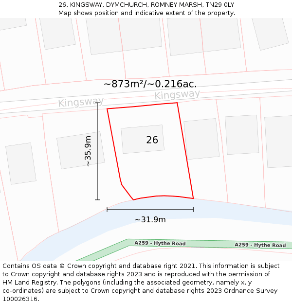 26, KINGSWAY, DYMCHURCH, ROMNEY MARSH, TN29 0LY: Plot and title map