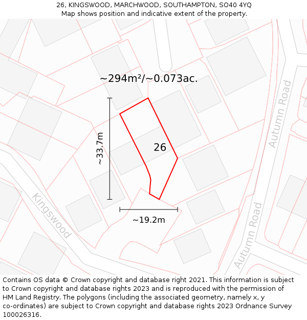 26, KINGSWOOD, MARCHWOOD, SOUTHAMPTON, SO40 4YQ: Plot and title map