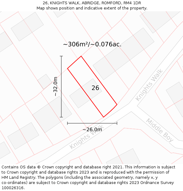 26, KNIGHTS WALK, ABRIDGE, ROMFORD, RM4 1DR: Plot and title map