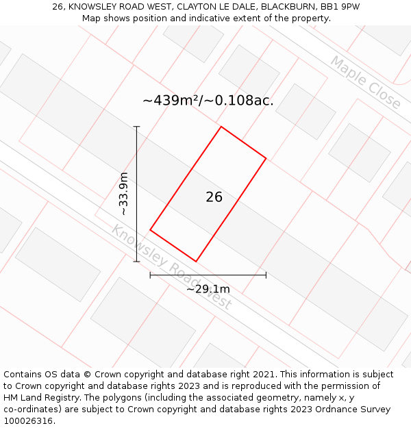 26, KNOWSLEY ROAD WEST, CLAYTON LE DALE, BLACKBURN, BB1 9PW: Plot and title map
