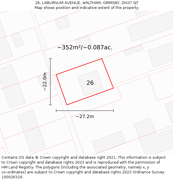 26, LABURNUM AVENUE, WALTHAM, GRIMSBY, DN37 0JT: Plot and title map