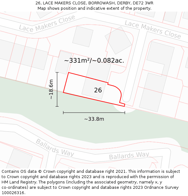 26, LACE MAKERS CLOSE, BORROWASH, DERBY, DE72 3WR: Plot and title map