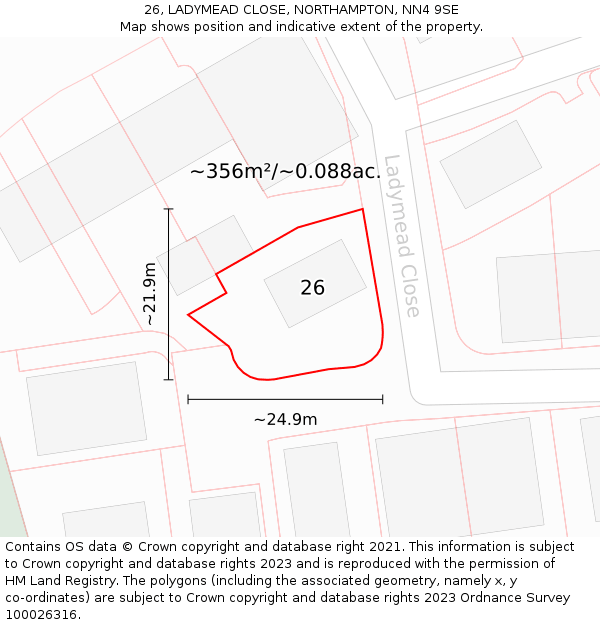 26, LADYMEAD CLOSE, NORTHAMPTON, NN4 9SE: Plot and title map