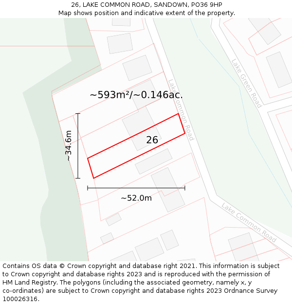 26, LAKE COMMON ROAD, SANDOWN, PO36 9HP: Plot and title map