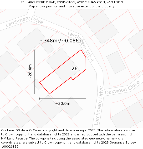 26, LARCHMERE DRIVE, ESSINGTON, WOLVERHAMPTON, WV11 2DG: Plot and title map