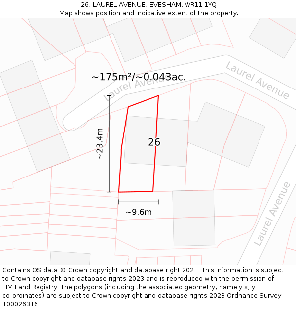 26, LAUREL AVENUE, EVESHAM, WR11 1YQ: Plot and title map