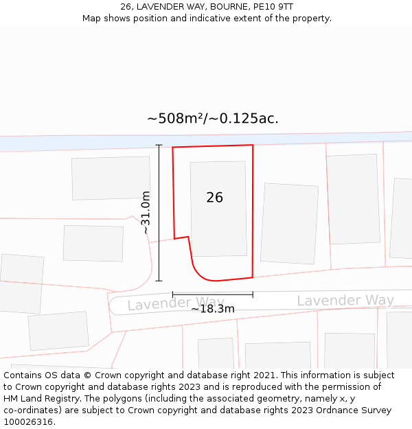 26, LAVENDER WAY, BOURNE, PE10 9TT: Plot and title map