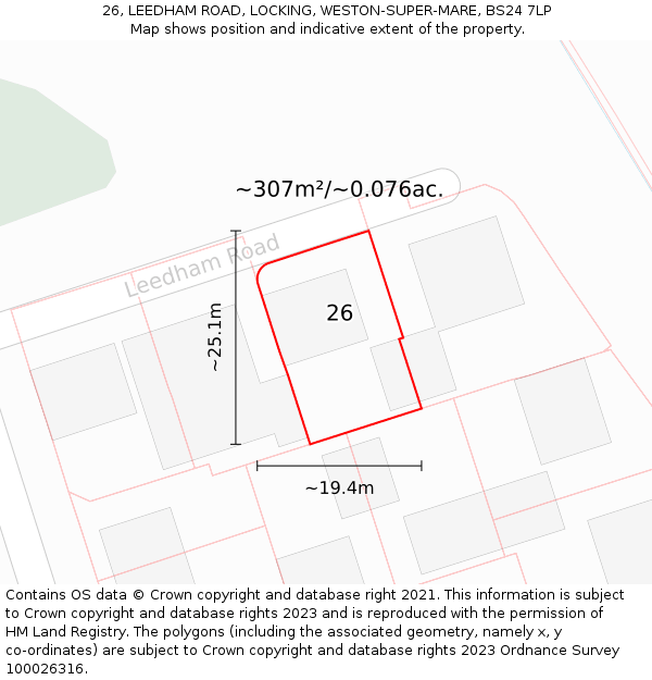 26, LEEDHAM ROAD, LOCKING, WESTON-SUPER-MARE, BS24 7LP: Plot and title map