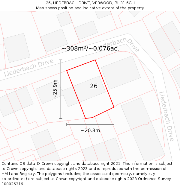 26, LIEDERBACH DRIVE, VERWOOD, BH31 6GH: Plot and title map