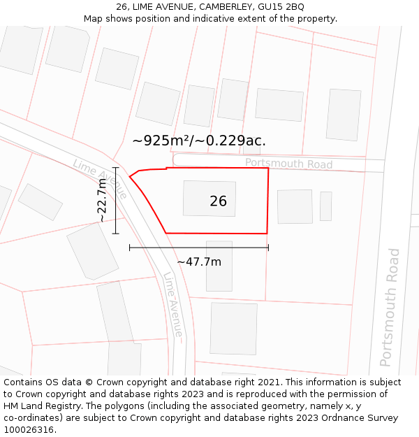 26, LIME AVENUE, CAMBERLEY, GU15 2BQ: Plot and title map