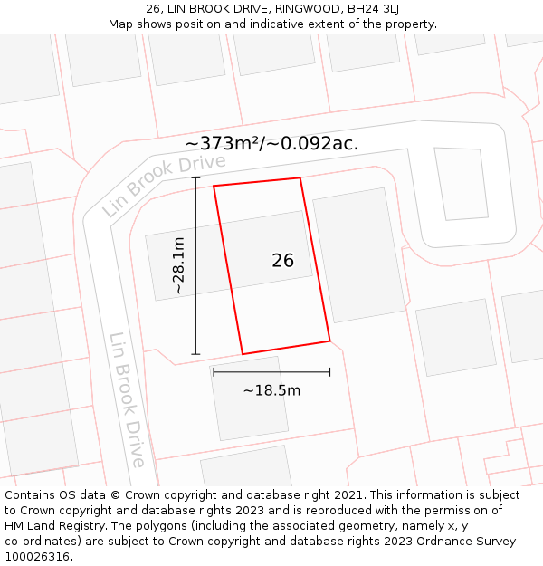 26, LIN BROOK DRIVE, RINGWOOD, BH24 3LJ: Plot and title map