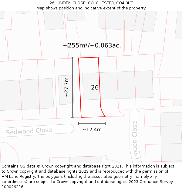 26, LINDEN CLOSE, COLCHESTER, CO4 3LZ: Plot and title map