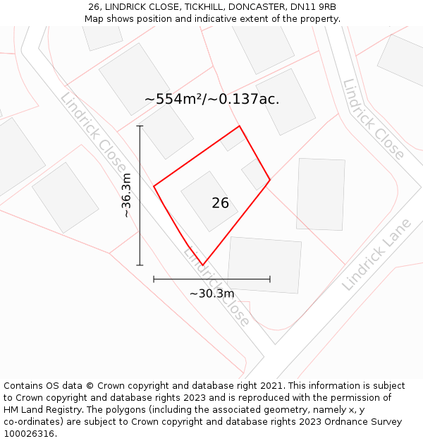 26, LINDRICK CLOSE, TICKHILL, DONCASTER, DN11 9RB: Plot and title map