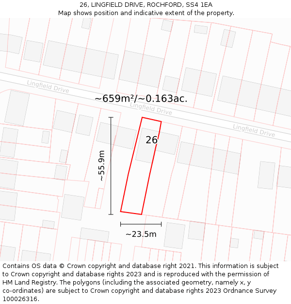 26, LINGFIELD DRIVE, ROCHFORD, SS4 1EA: Plot and title map