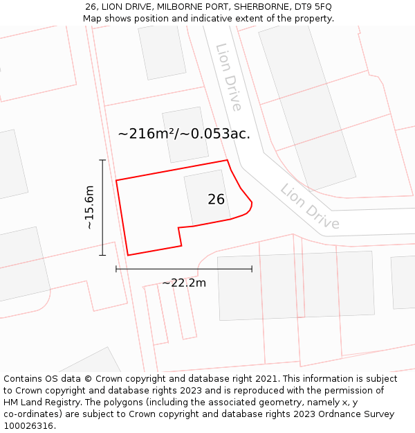 26, LION DRIVE, MILBORNE PORT, SHERBORNE, DT9 5FQ: Plot and title map