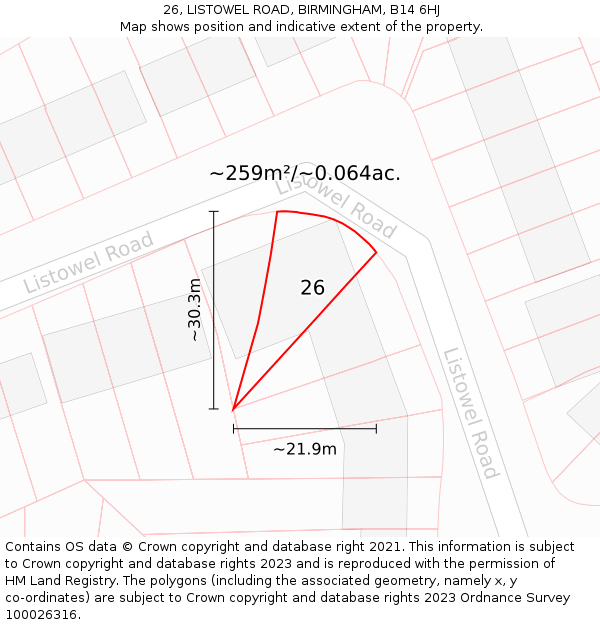 26, LISTOWEL ROAD, BIRMINGHAM, B14 6HJ: Plot and title map