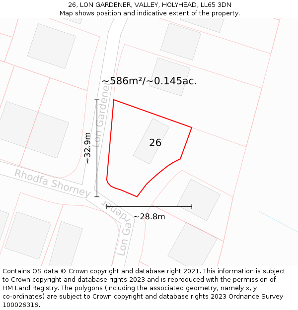 26, LON GARDENER, VALLEY, HOLYHEAD, LL65 3DN: Plot and title map