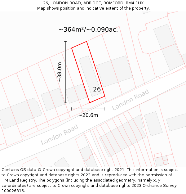 26, LONDON ROAD, ABRIDGE, ROMFORD, RM4 1UX: Plot and title map