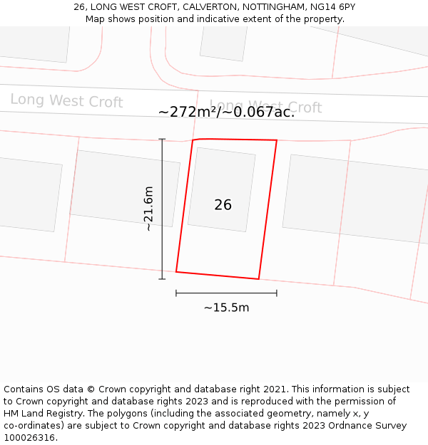 26, LONG WEST CROFT, CALVERTON, NOTTINGHAM, NG14 6PY: Plot and title map