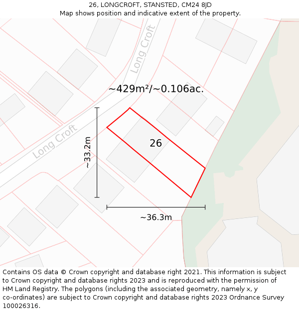 26, LONGCROFT, STANSTED, CM24 8JD: Plot and title map