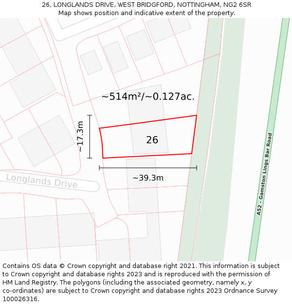 26, LONGLANDS DRIVE, WEST BRIDGFORD, NOTTINGHAM, NG2 6SR: Plot and title map