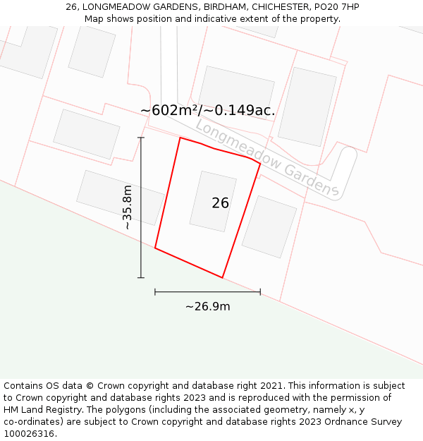 26, LONGMEADOW GARDENS, BIRDHAM, CHICHESTER, PO20 7HP: Plot and title map