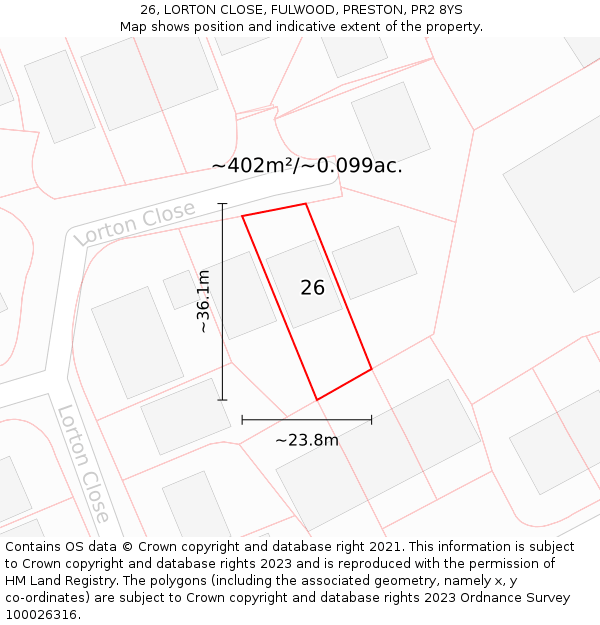 26, LORTON CLOSE, FULWOOD, PRESTON, PR2 8YS: Plot and title map