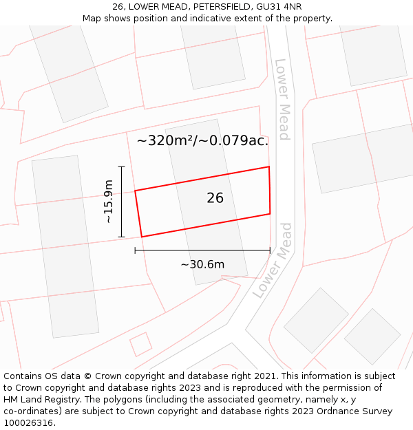 26, LOWER MEAD, PETERSFIELD, GU31 4NR: Plot and title map