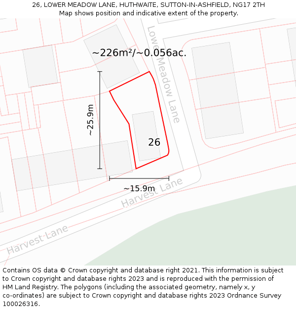 26, LOWER MEADOW LANE, HUTHWAITE, SUTTON-IN-ASHFIELD, NG17 2TH: Plot and title map